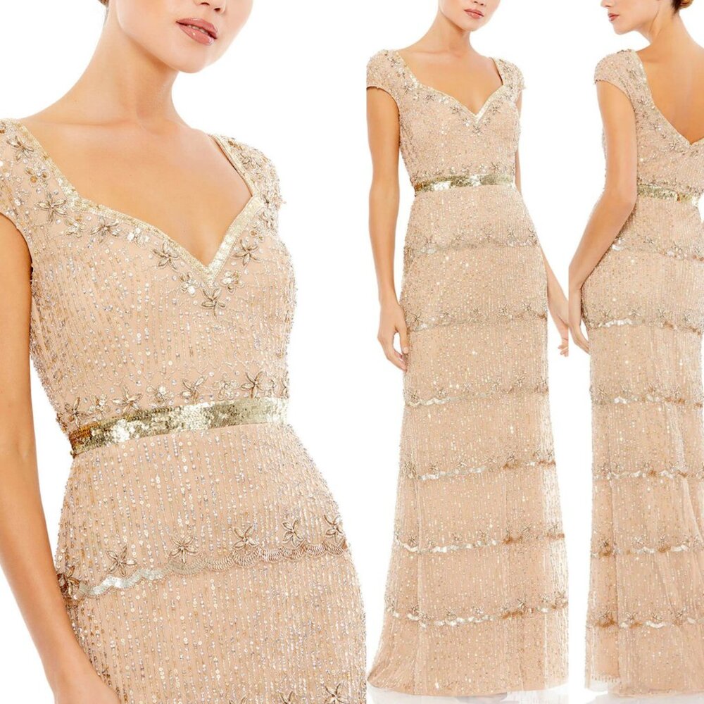 Mac Duggal‎ 9089 Cap Sleeve Embellished Beaded Column Gown Nude Gold NWT